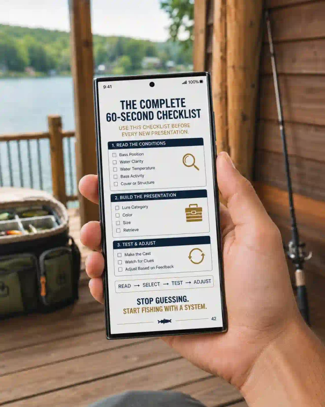 Bass angler viewing the Bass Bait Selector checklist on a phone