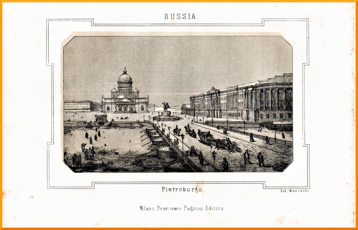 Stampa antica LITOGRAFIA A COLORI veduta città di san pietroburgo russia bertotti 1850 old antique print