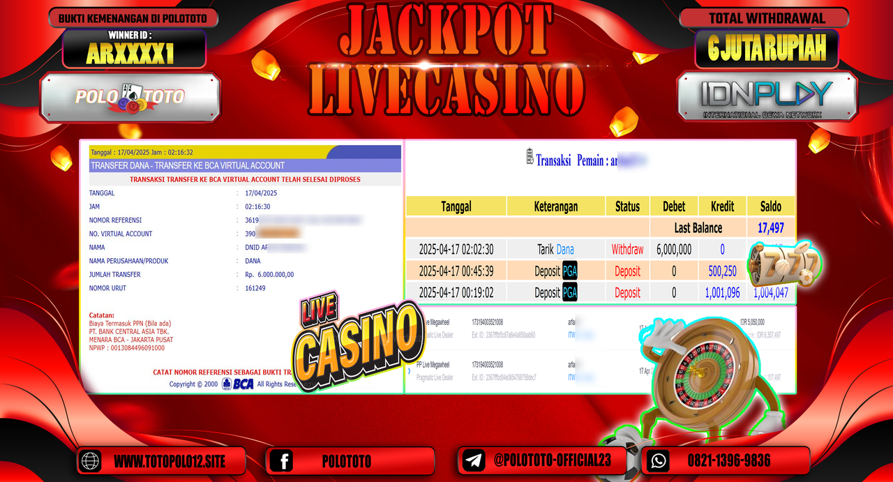 POLOTOTO JACKPOT LIVE CASINO PP LIVE MEGAWHEEL Rp.6.000.000,-