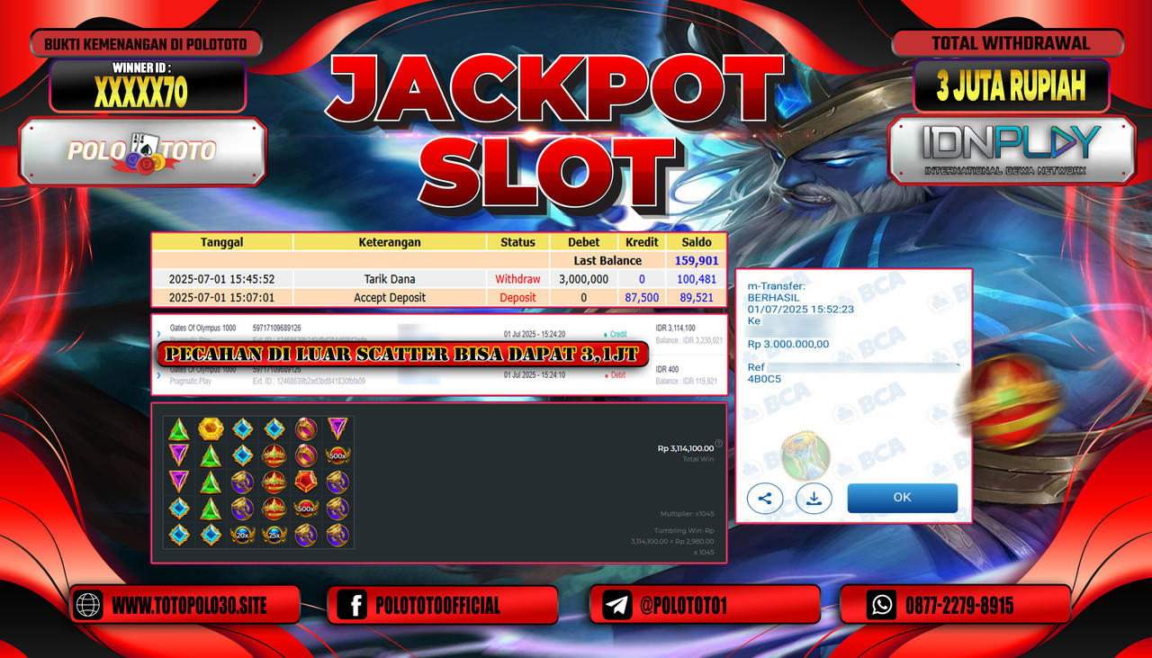 POLOTOTO JACKPOT SLOT GATES OF OLYMPUS 1000 Rp.3.000.000,- LUNAS