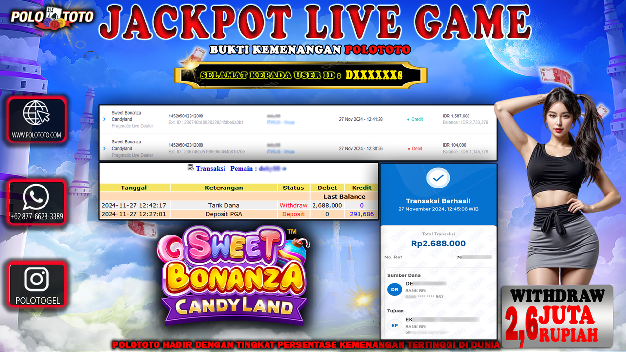 POLOTOTO JACKPOT LIVE GAME SWEET BONANZA CANDY LAND Rp.2,688.000,-