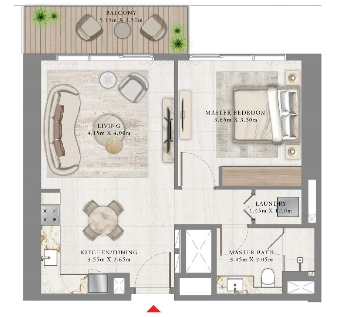 Bayview by Emaar 1-bedroom apartment floorplan layout showing living area, bedroom, balcony and circulation for a 744 sq ft unit — Distress Deal layout in Bayview at Emaar Beachfront