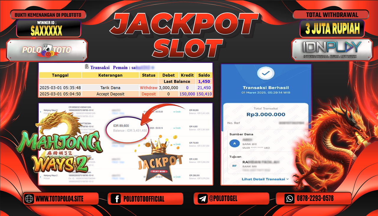 POLOTOTO JACKPOT SLOT MAHJONG WAYS 2 Rp.3.000.000,-