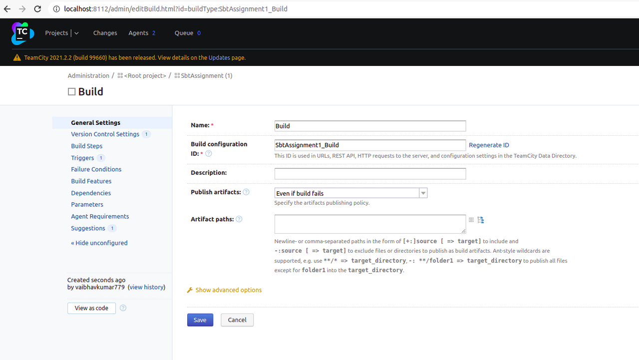 General Settings in Build Configuration