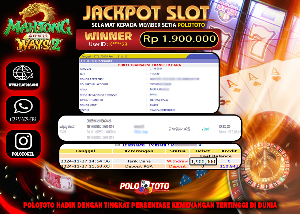 POLOTOTO JACKPOT SLOT MAHJONG WAYS 2 Rp.1,900.000,-