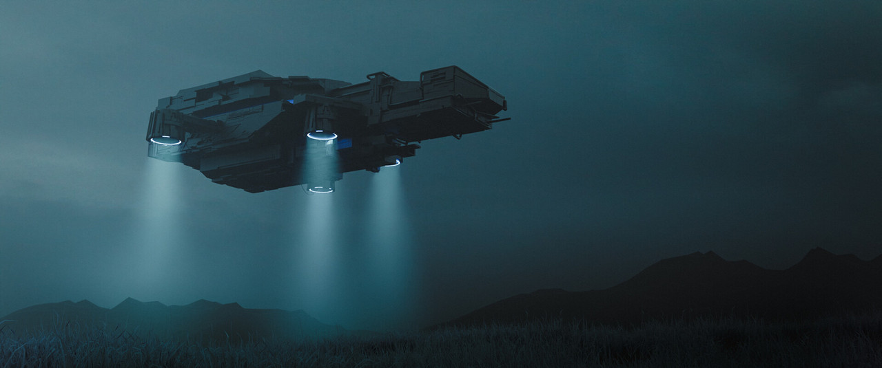 A cinematic image of a spaceship flying above the ground with mountains in the background, created by me with Blender 3D.