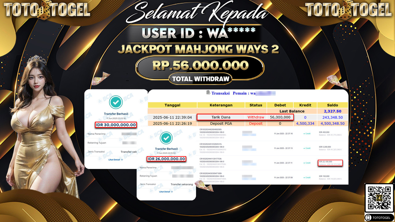Bukti Pembayaran Jackpot Permainan Slot Mahjong Ways 2 ID:WA***** LUNAS