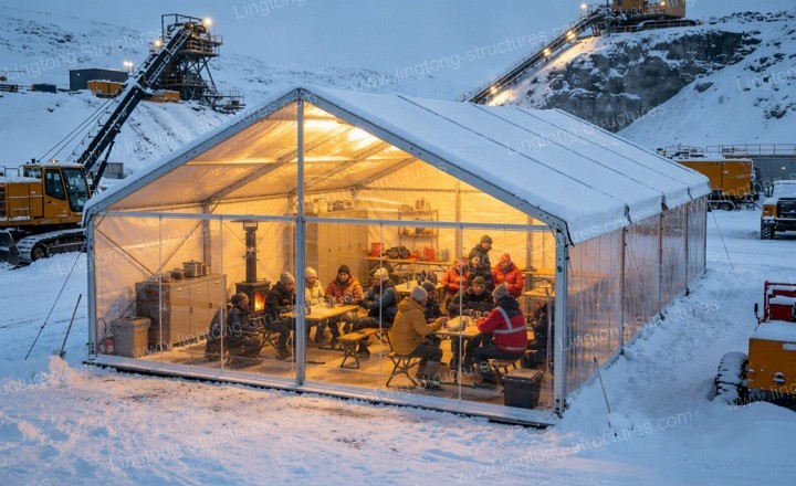 Workers rest tent in cold snowy climate with insulated roof and fully enclosed sidewalls