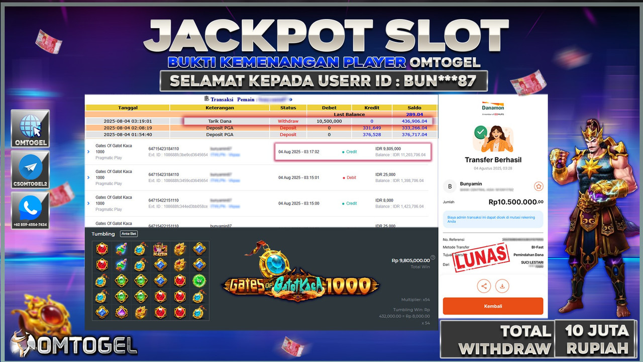 OMTOGEL JACKPOT PRAGMATIC PLAY GATES OF GATOTKACA 1000 10 JUTA DIBAYAR LUNAS,-