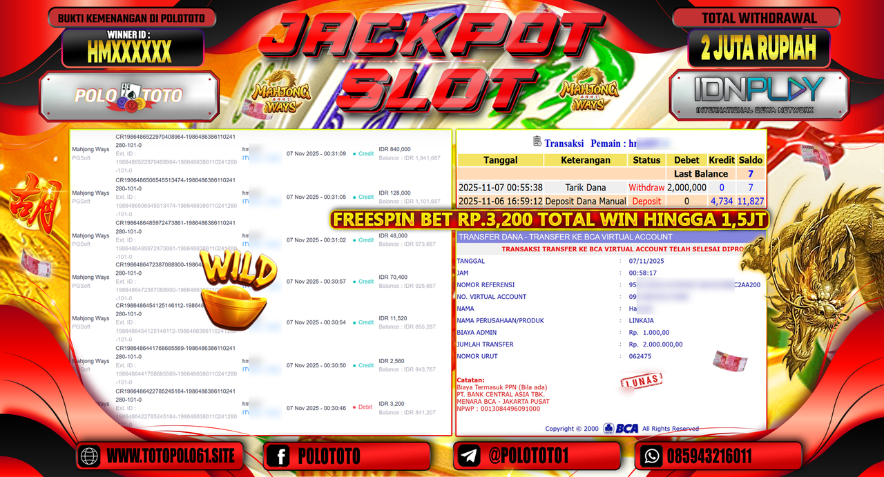 POLOTOTO JACKPOT SLOT MAHJONG WAYS Rp.2.000.000,- LUNAS