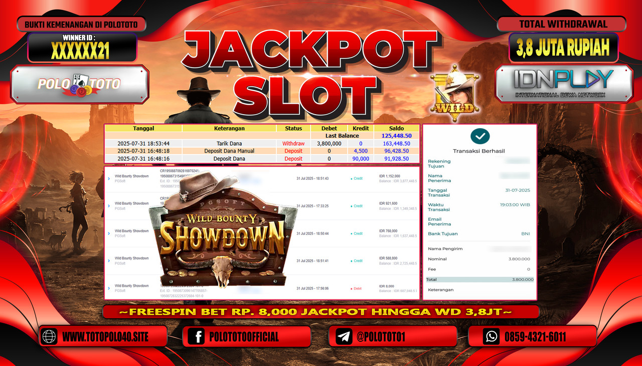 POLOTOTO JACKPOT SLOT WILD BOUNTY SHOWDOWN Rp.3.800.000,-LUNAS