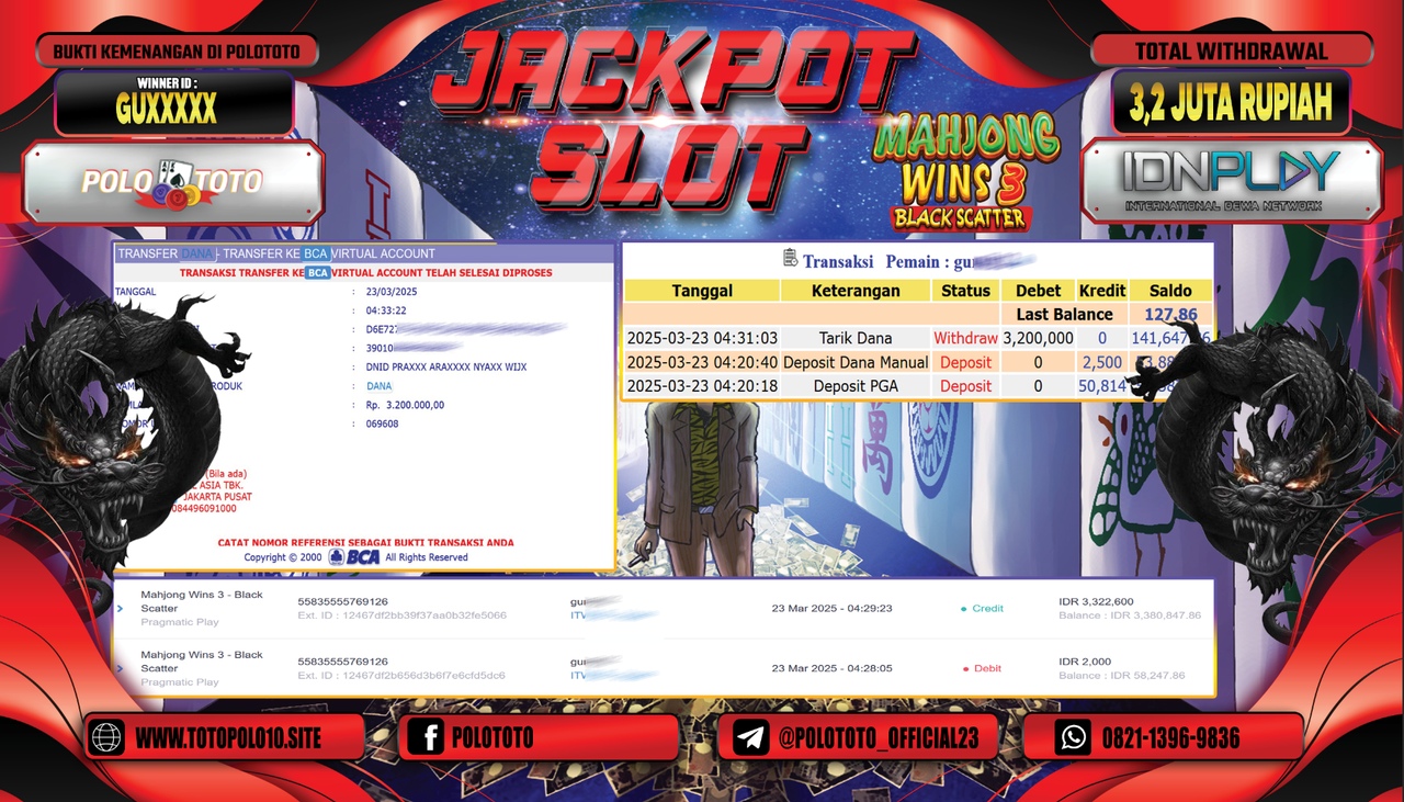 POLOTOTO JACKPOT SLOT MAHJONG WINS BLACK SCATTER 3 Rp.3.200.000,-