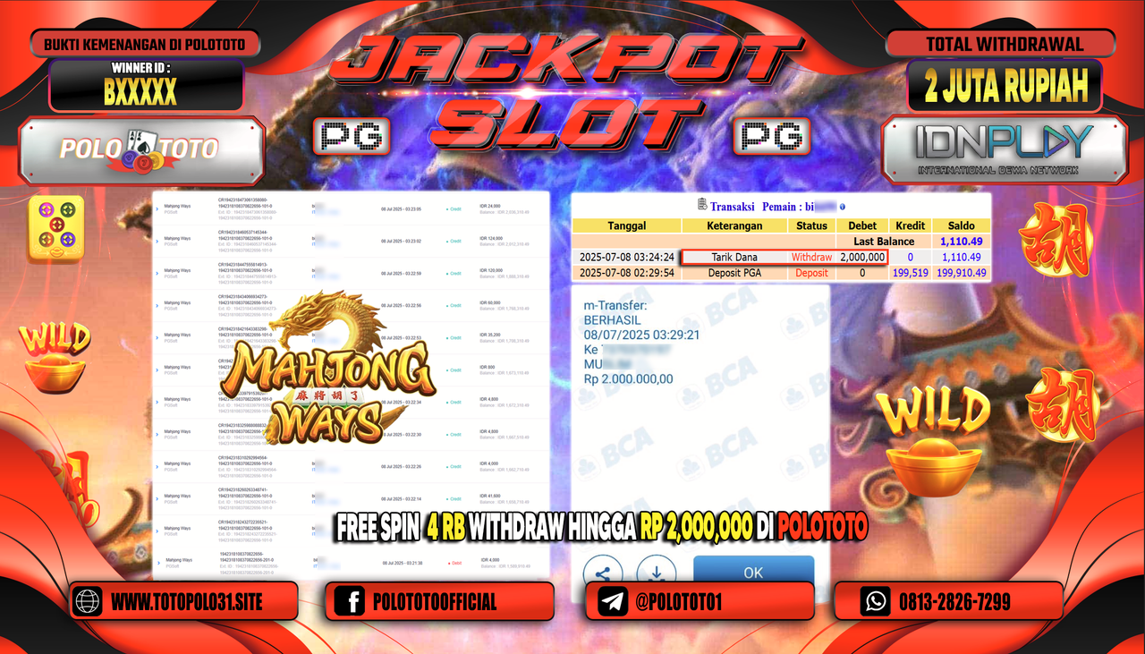 POLOTOTO JACKPOT SLOT MAHJONG WAYS Rp.2.000.000,-