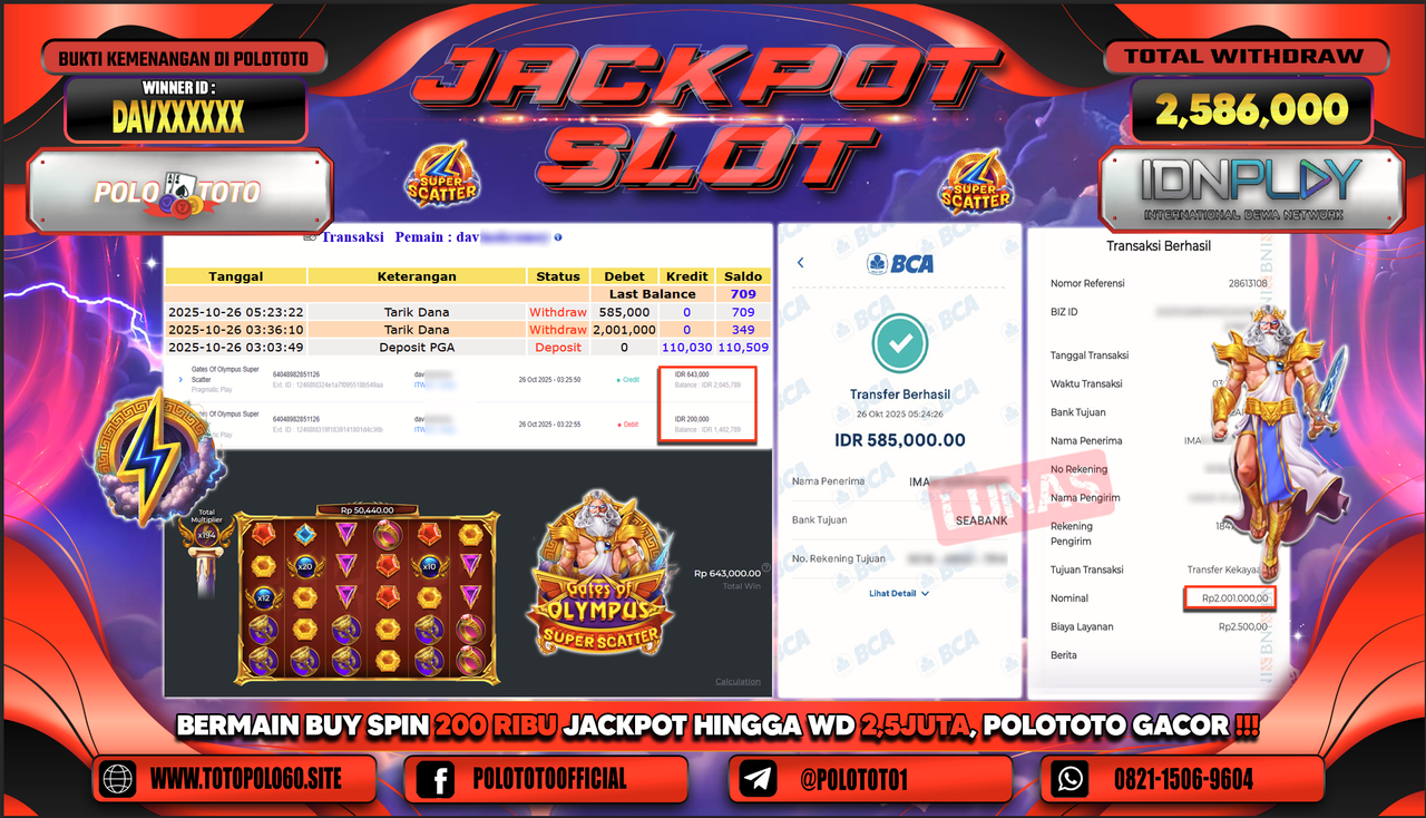 POLOTOTO JACKPOT SLOT GATES OF OLYMPUS SUPER SCATTER Rp.2.586.000,- LUNAS