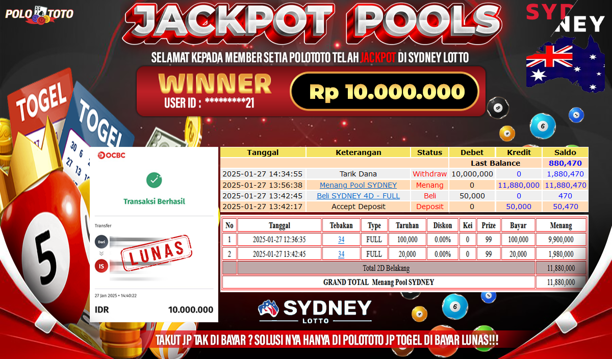 POLOTOTO JACKPOT TOGEL SYDNEY LOTTO Rp.10,000.000,-