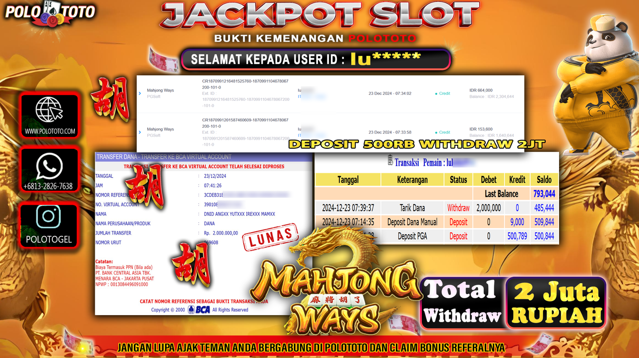 POLOTOTO JACKPOT SLOT MAHJONG WAYS Rp.2,000.000,-