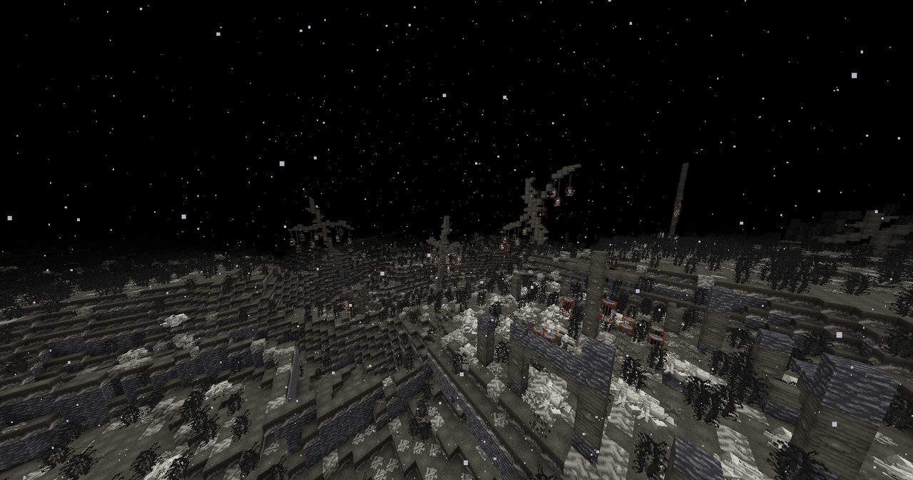 Barren plains of mossy bones with giant crosses built out of cut rotten bone with cages hanging from them