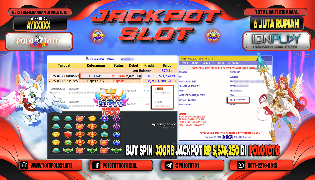 POLOTOTO JACKPOT SLOT STARLIGHT PRINCESS 1000 Rp.6.005.000,-