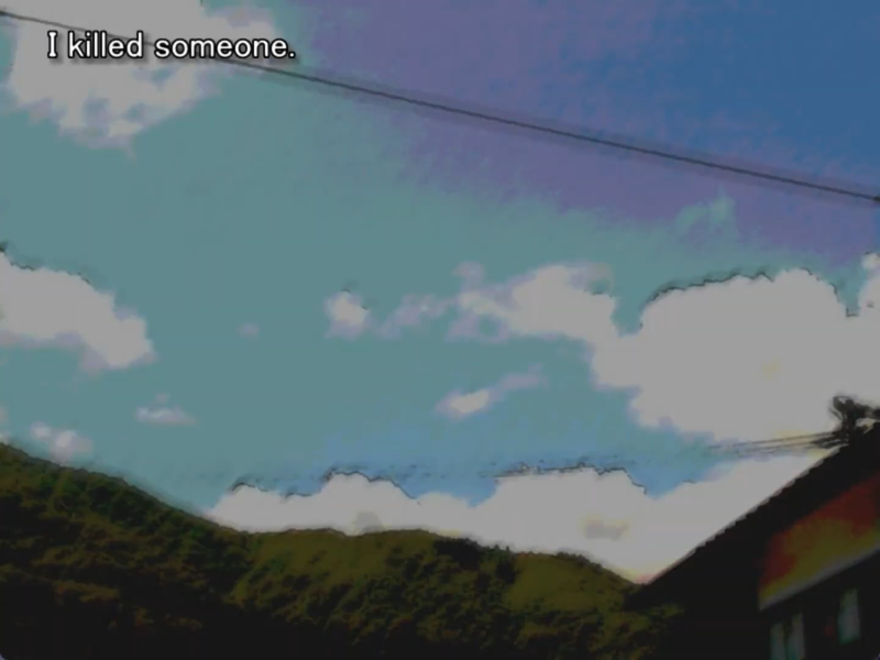 a still image from the original higurashi visual novel. keiichi is looking up at the daytime sky and thinking to himself “I killed someone.”
