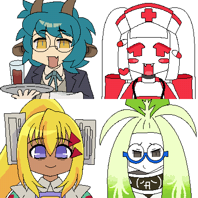 Commission example of four animated character icons, fully dithered.