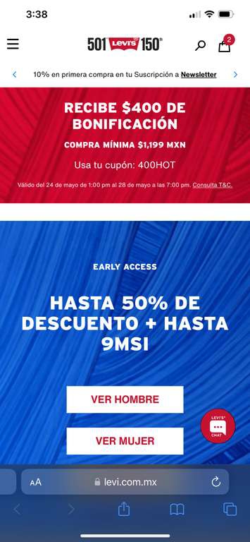 LEVI’S: Descuentos hasta el 50% + Bonificación de 400 pesos ( min. 1,199) 
