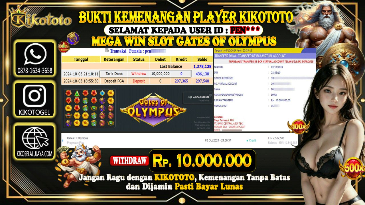 MENANG BESAR DI SLOT ONLINE GATES OF OLYMPUS  SEBESAR Rp 10,000,000 LANGSUNG DAN TANPA BASA BASI DI BAYAR KIKOTOTO !!!