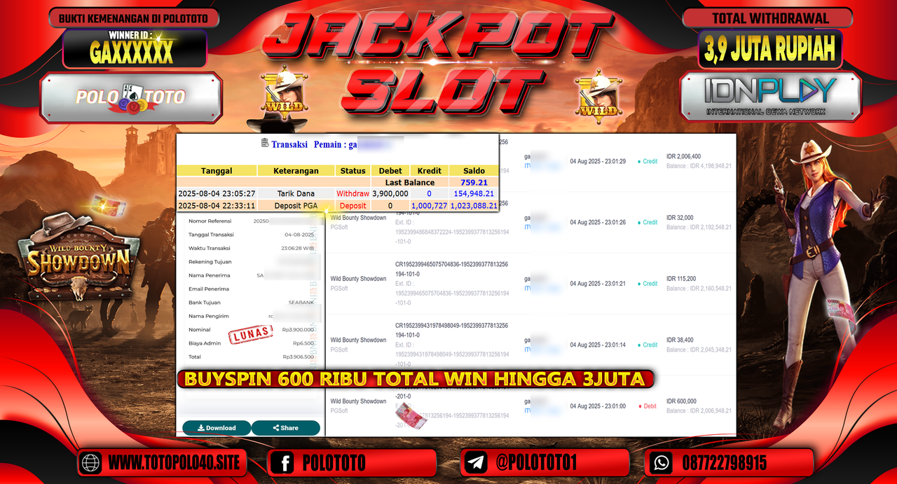 POLOTOTO JACKPOT SLOT WILD BOUNTY SHOWDOWN Rp.3.900.000,-LUNAS