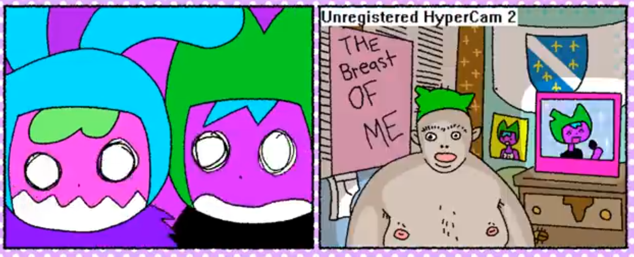 stupid and poop look shocked at a shirtless guy