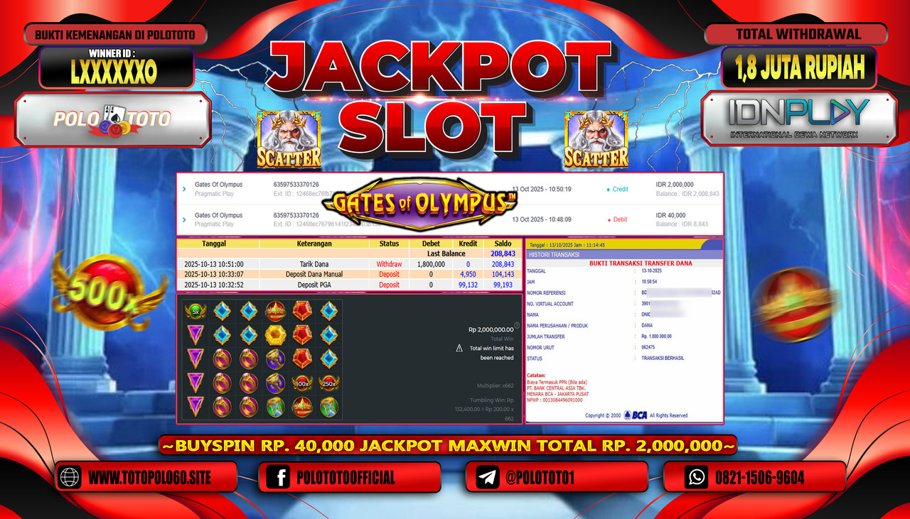 POLOTOTO JACKPOT SLOT GATES OF OLYMPUS 1000 Rp.1.800.000,- LUNAS