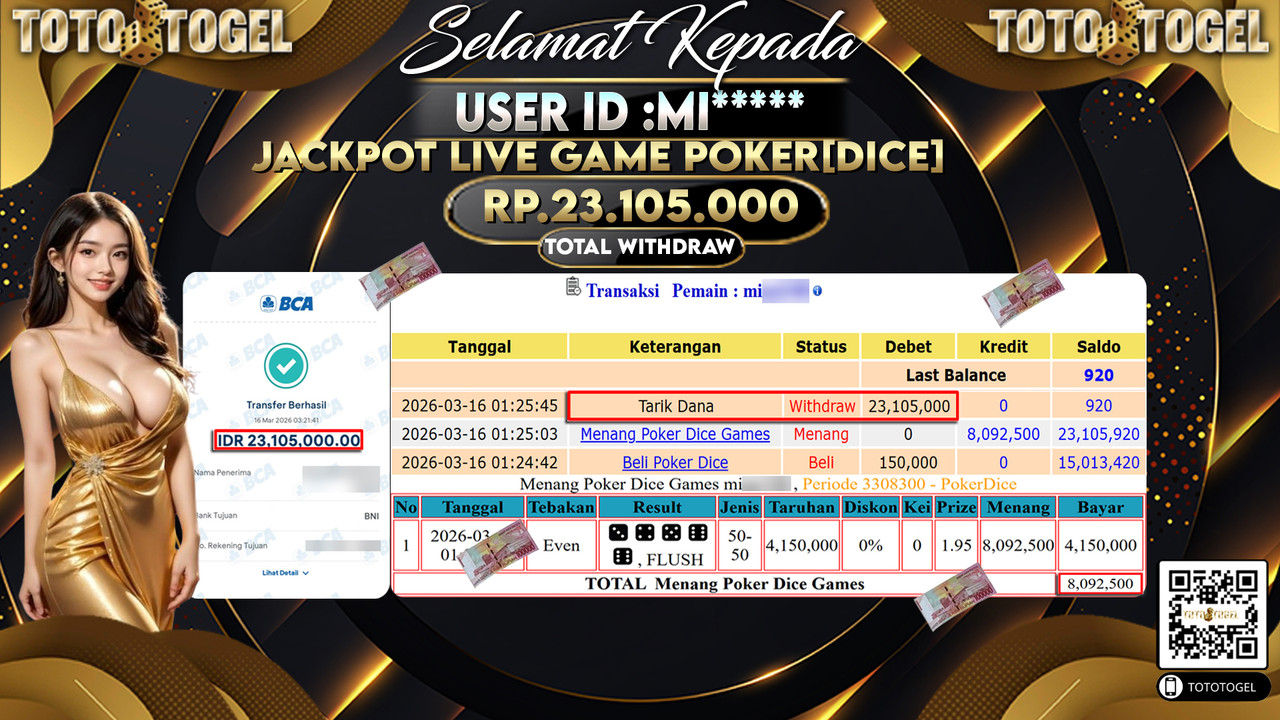 Bukti Pembayaran Jackpot Permainan Live Game Poker{Dice} ID:MI*****LUNAS