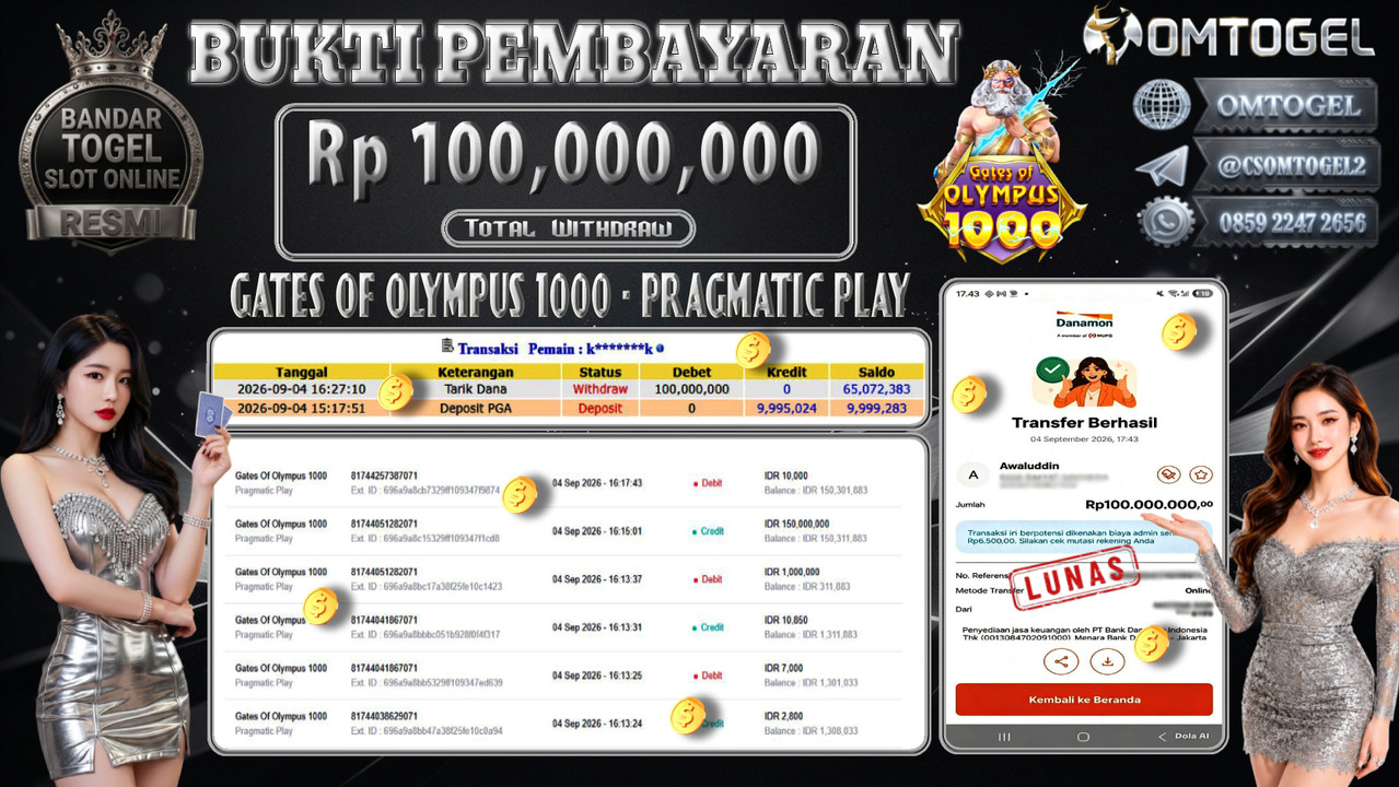 OMTOGEL JACKPOT PRAGMATIC PLAY GATES OF OLYMPUS 1000 Rp.100,000,000,- DIBAYAR LUNAS 
