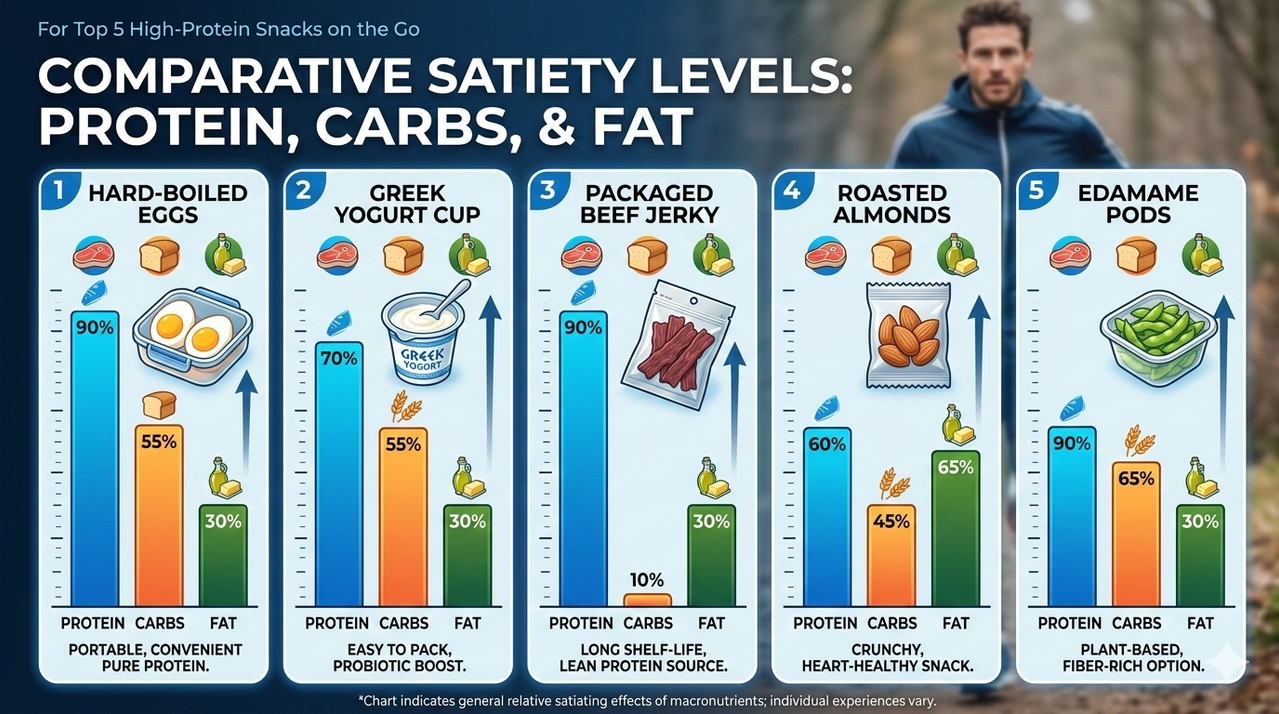 Chart showing protein satiety compared to carbs and fat for top 5 high-protein snacks you can eat on the go
