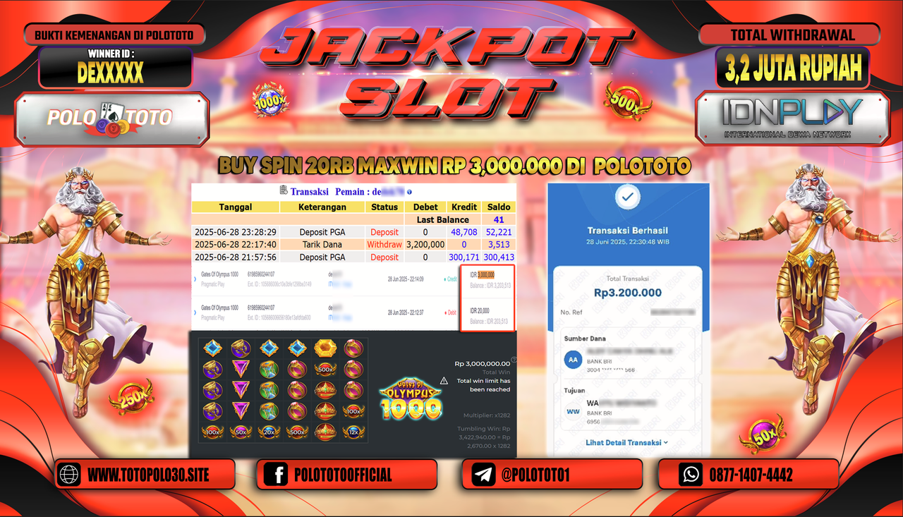 POLOTOTO JACKPOT SLOT GATES OF OLYMPUS 1000 Rp.3.200.000,-