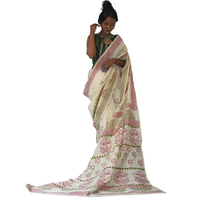 Hand Block Printed Cream Color Saree with Lady Face