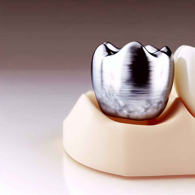 Демонстрация металлокерамической коронки на зубе, где различаются металлический каркас и керамическое покрытие