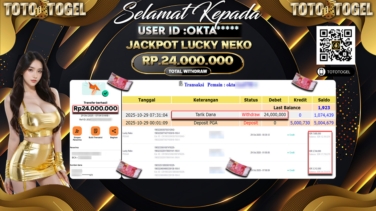 Bukti Pembayaran Jackpot Permainan Slot Lucky Necko ID:OKTA**** LUNAS