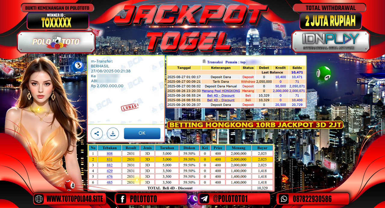 POLOTOTO JACKPOT TOGEL HONGKONG LOTTO Rp.2.050.000,-