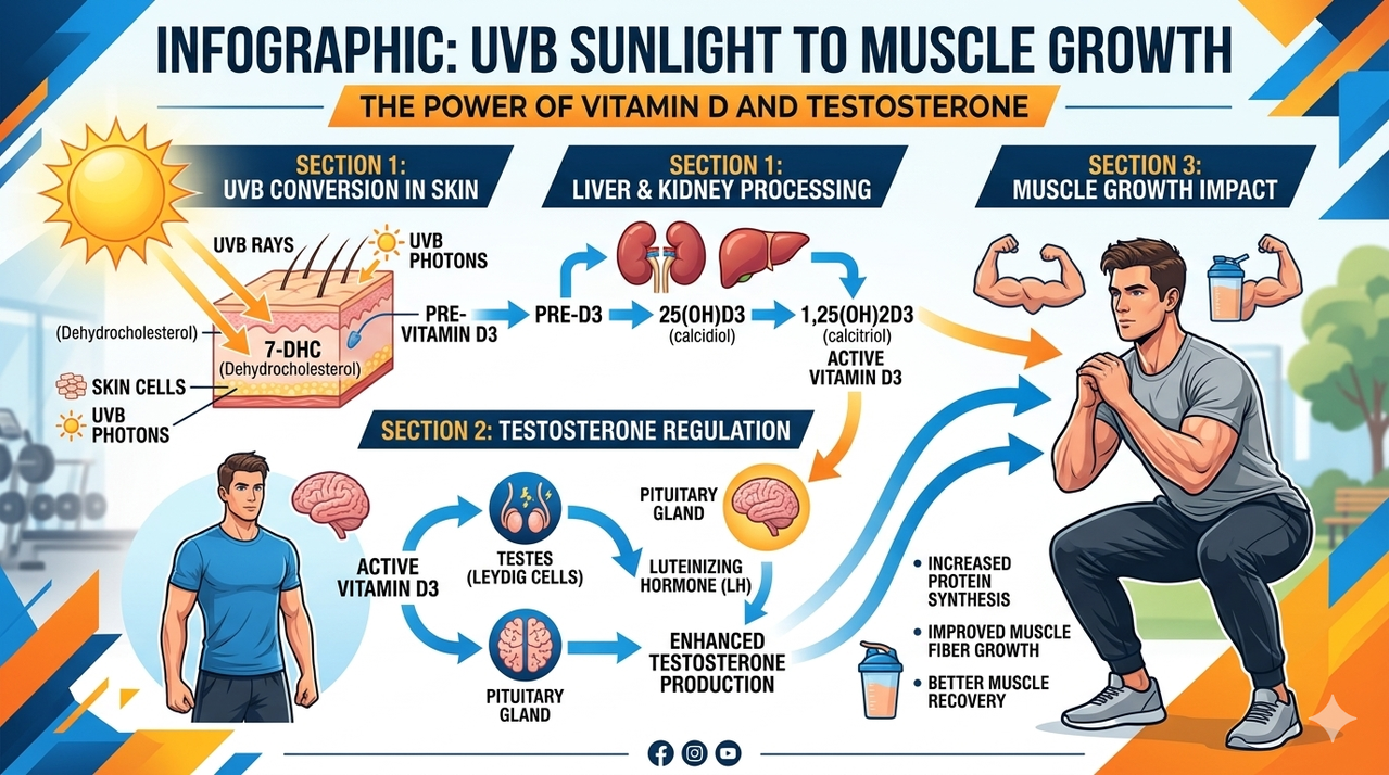 Infographic diagram showing how UVB sunlight converts to vitamin D in skin and impacts testosterone and muscle growth pathways