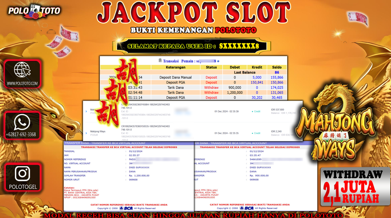 POLOTOTO JACKPOT SLOT MAHJONG WAYS Rp.2,100.000,- 