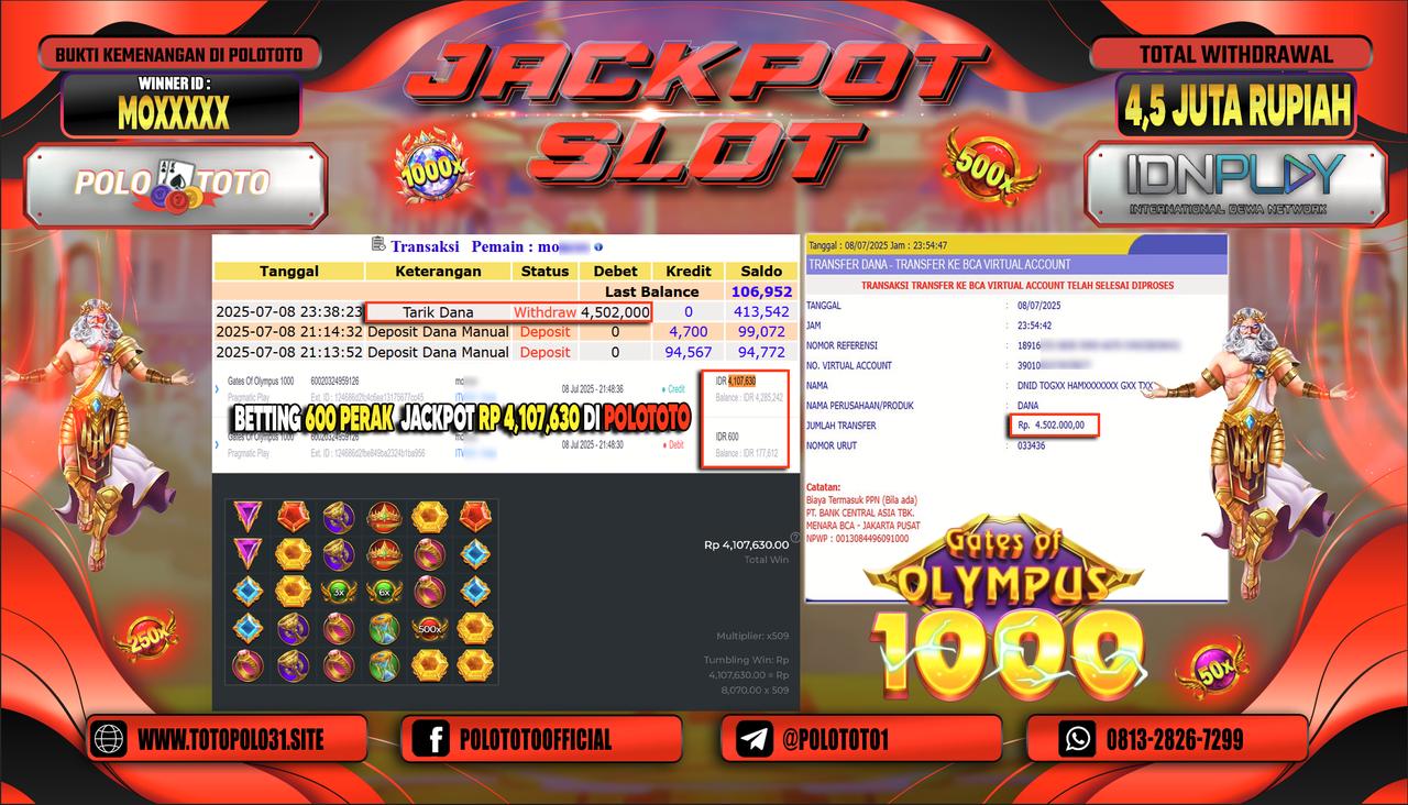 POLOTOTO JACKPOT SLOT GATES OF OLYMPUS 1000 Rp.4.502.000,-
