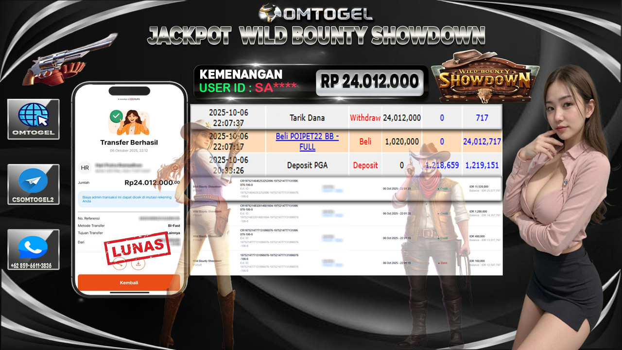 OMTOGEL JACKPOT PGSOFT WILD BOUNTY SHOWDOWN 24 JUTA DI BAYAR LUNAS ,-