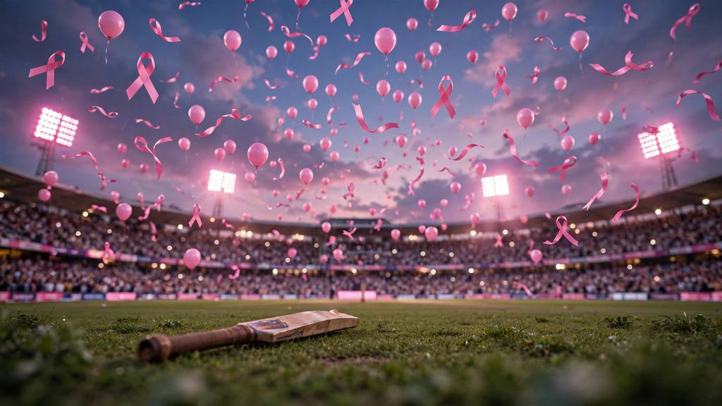 Pink awareness ribbons and balloons released over a packed cricket stadium at twilight