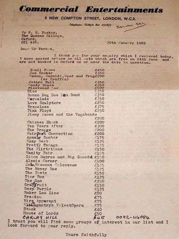 1969 Artists Price List