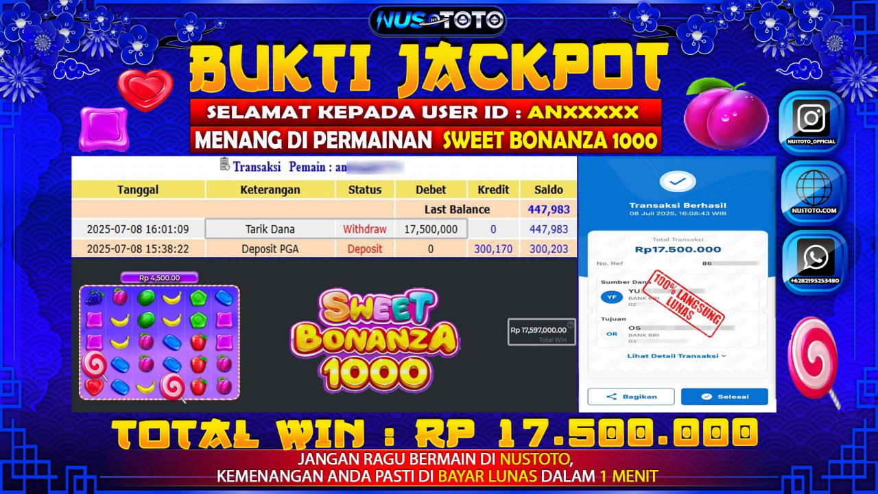 JACKPOT !! MENANG BESAR DI SLOT SWEET BONANZA 1000 Rp. 17.500.000 LANGSUNG DI BAYAR LUNAS NUSTOTO !!