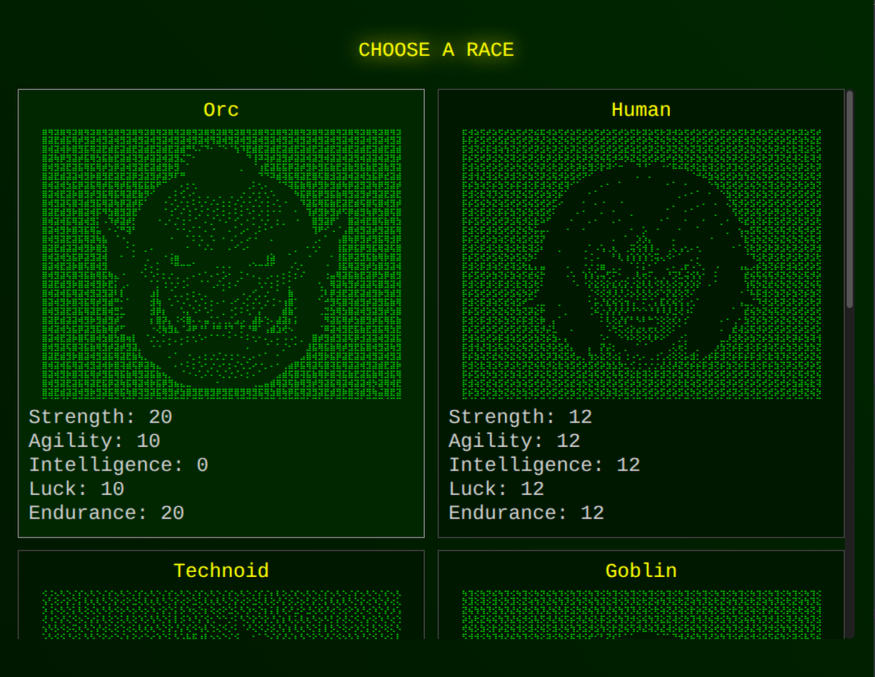 character selection screen with multiple races