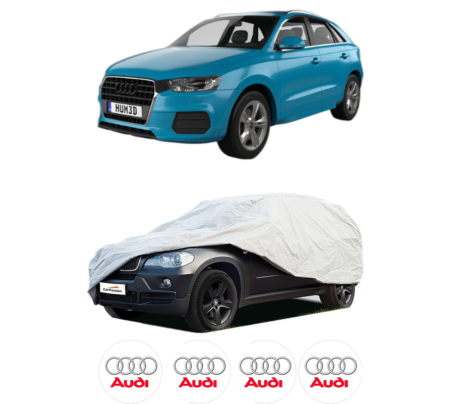 Husa tip prelata auto pentru AUDI Q3 (F3B) din 2018-2021, Culoare Gri, material textil impermeabil, rezistanta la intemperii praf UV, CARPASSION Husa Protectie, 4 Stickere auto cu AUDI