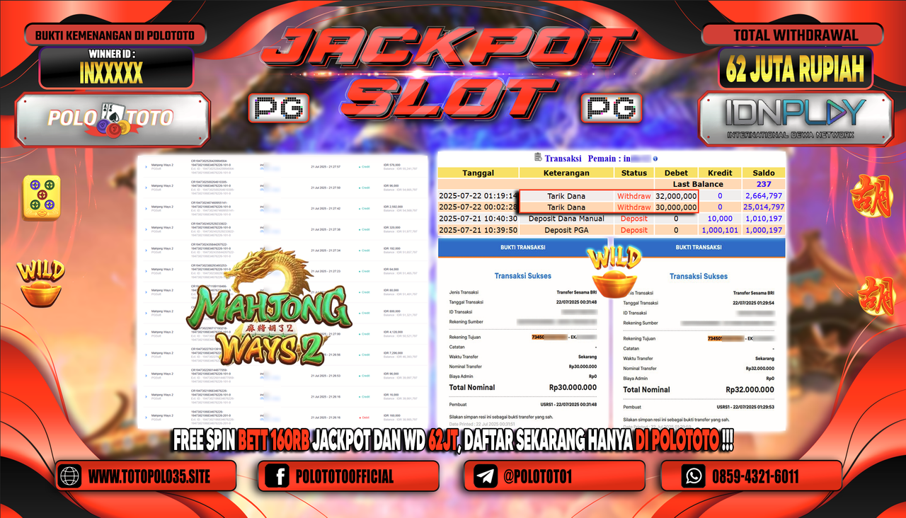 POLOTOTO JACKPOT SLOT MAHJONG WAYS 2 Rp.62.000.000,- LUNAS
