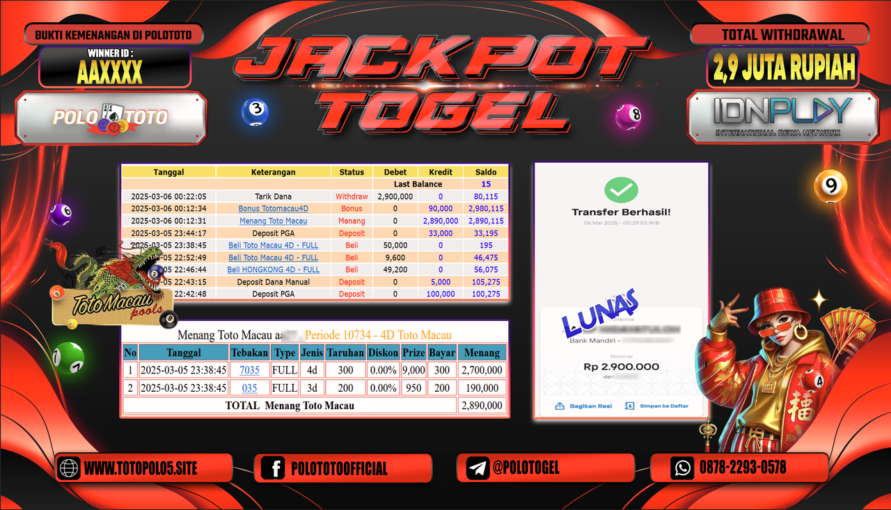POLOTOTO JACKPOT TOGEL TOTO MACAU Rp.2.900.000,-