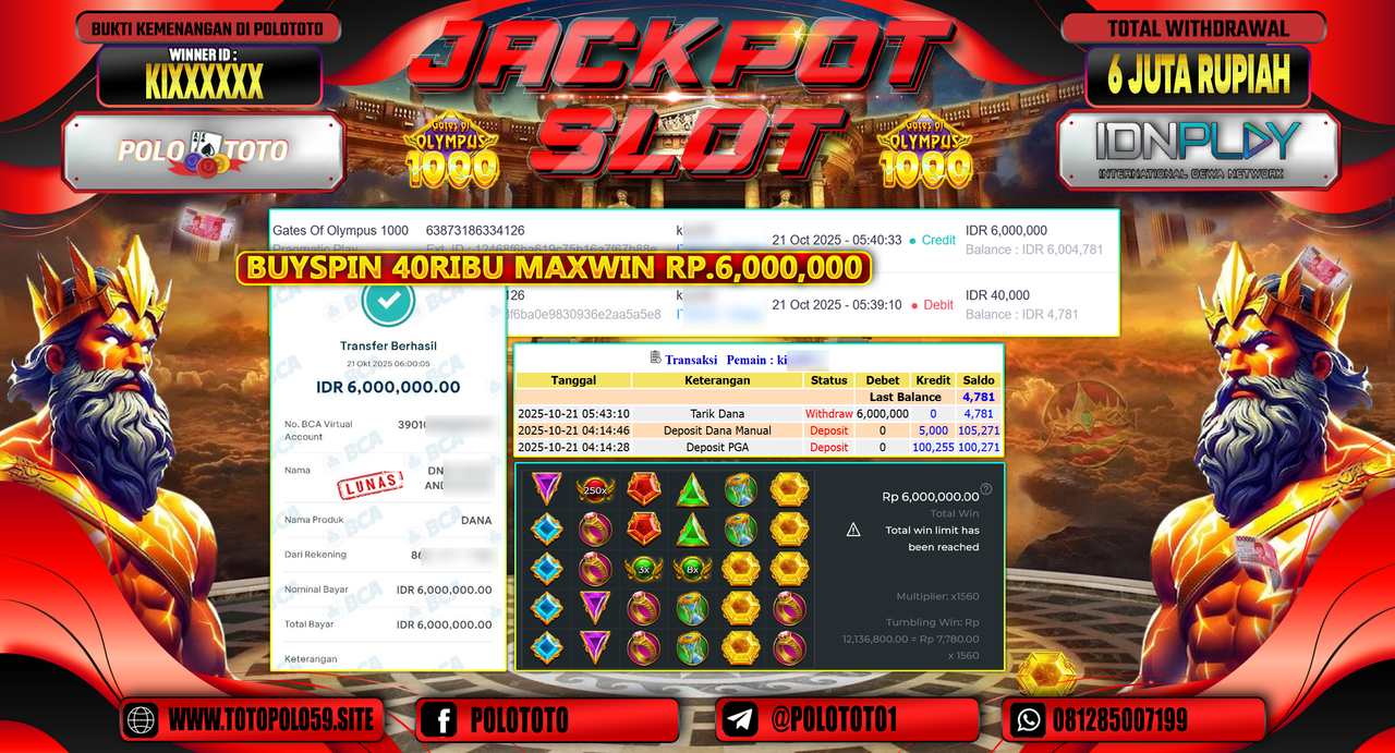 POLOTOTO JACKPOT SLOT GATES OF OLYMPUS 1000 Rp.6.000.000,- 