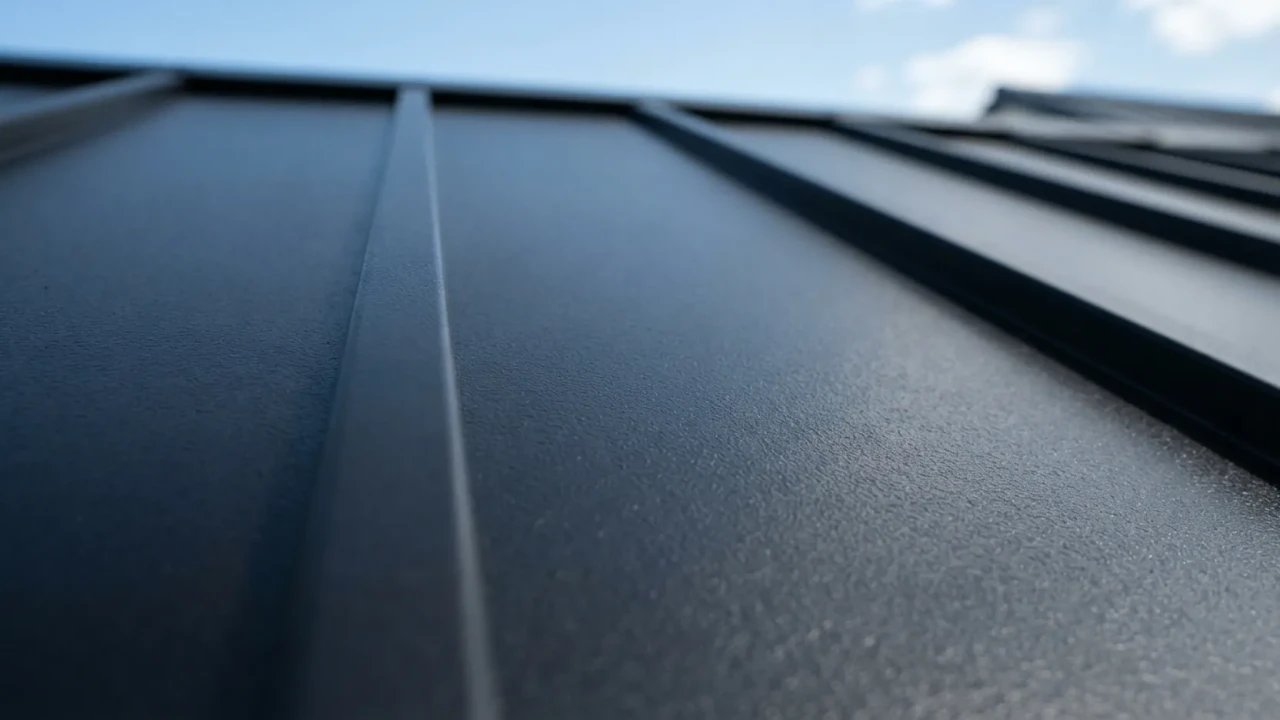 Close up of black PVDF coated metal roofing panel showing cool pigment finish